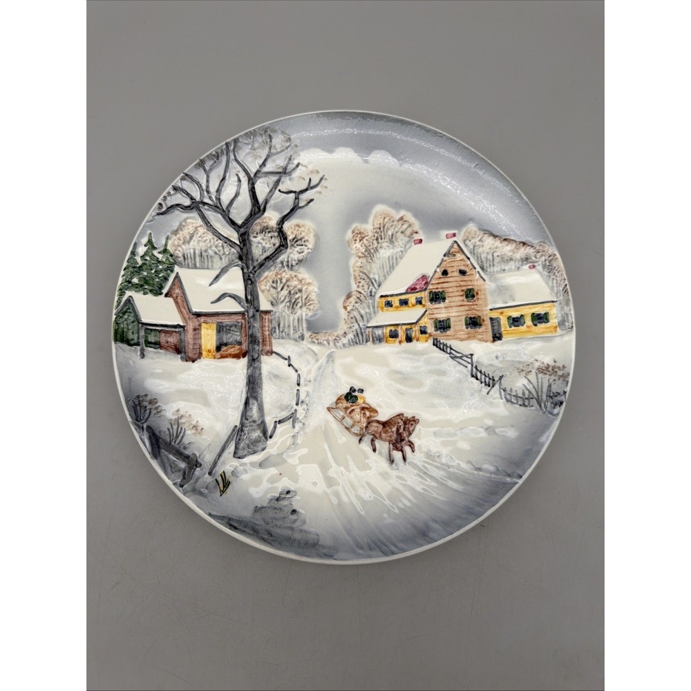 Western Germany Majolica Bas Relief Plate-Winter House and Barn in the Woods